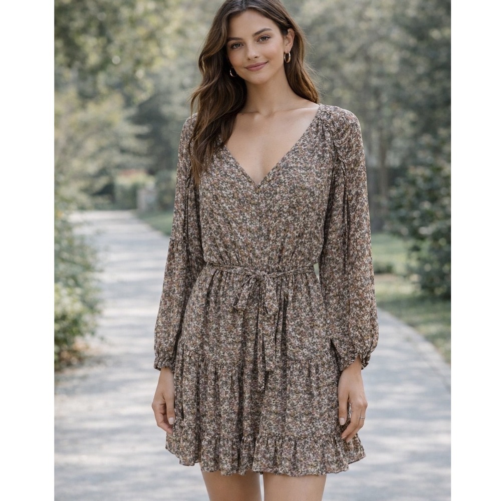 O.P.T Tuckernuck Floral Boho Ruffle Long Sleeve Mini Dress Tie Waist Medium Boho